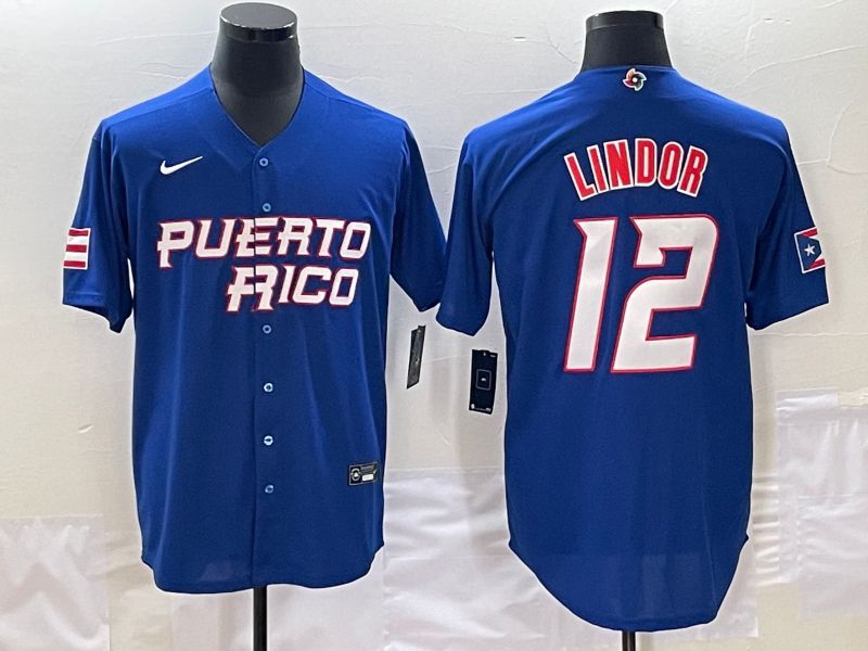 Men 2023 World Cub Puerto Rico #12 Lindor Blue Nike MLB Jersey6